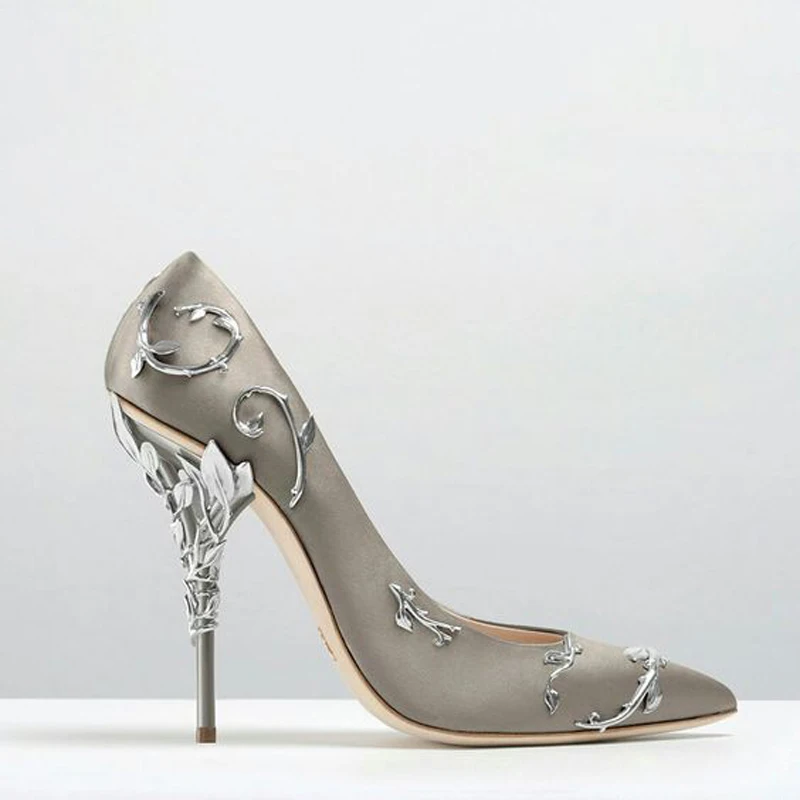 Роскошные Брендовые женские туфли-лодочки с острым носком; свадебные туфли на каблуке с цветочным узором; женские элегантные туфли-лодочки на высоком каблуке с шелковым дизайном; Прямая поставка - Цвет: Grey Pumps
