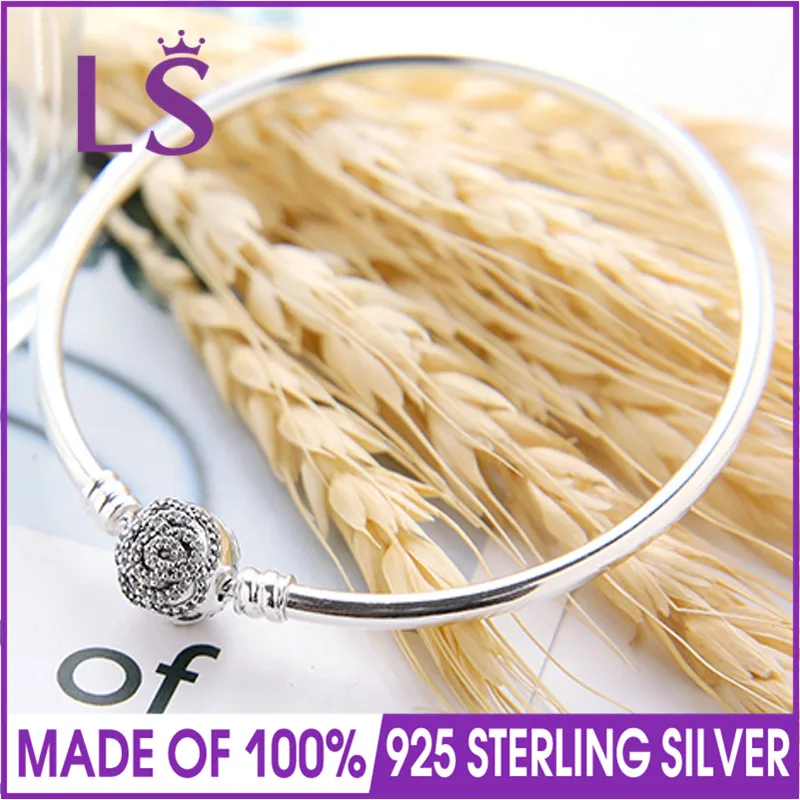 

LS Real 100% 925 Sterling-Silver-Jewelry Clear CZ Clasp Bangle Bracelet Beauty & The Beast Bangle Charm for Women Jewelry W