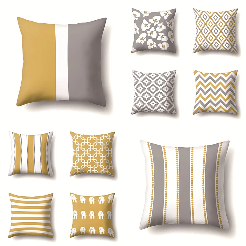 

Nordic Decor Flowers Printed Yellow Geometric Cushion Cover 45x45cm Polyester Grey Lines Throw Pillow Covers Decoration Pillows