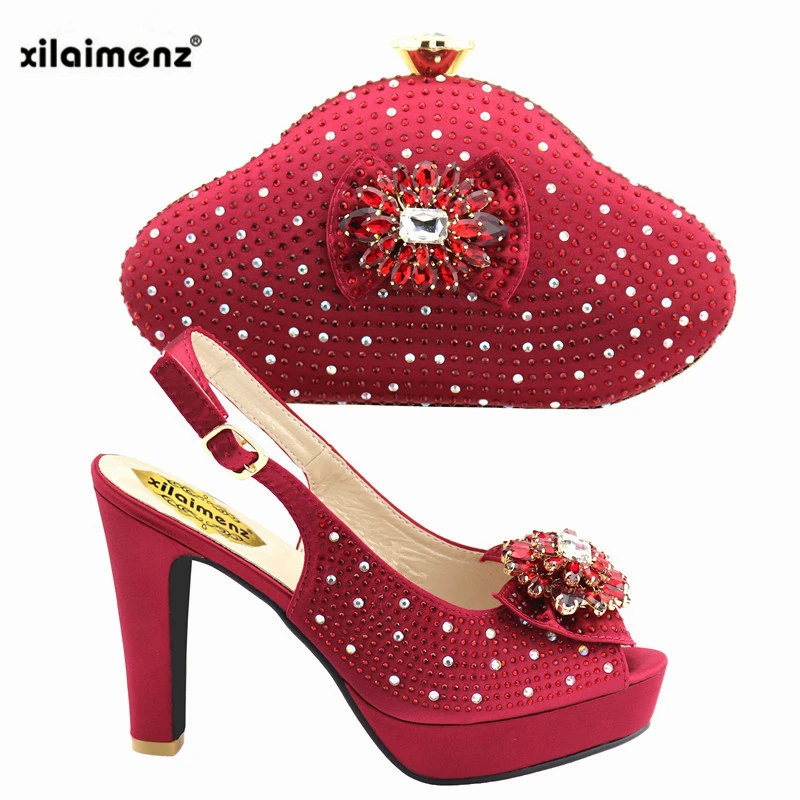 Hot Selling Fashion Shoes and Bag Set Nigerian Sets Wine Color African Shoes with Matching Bags for Royal Wedding Party