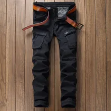 New Brand Designer Mens Ripped Biker Jeans 100% Cotton Black Slim Fit Motorcycle Jeans Men Vintage Distressed Denim Jeans Pants