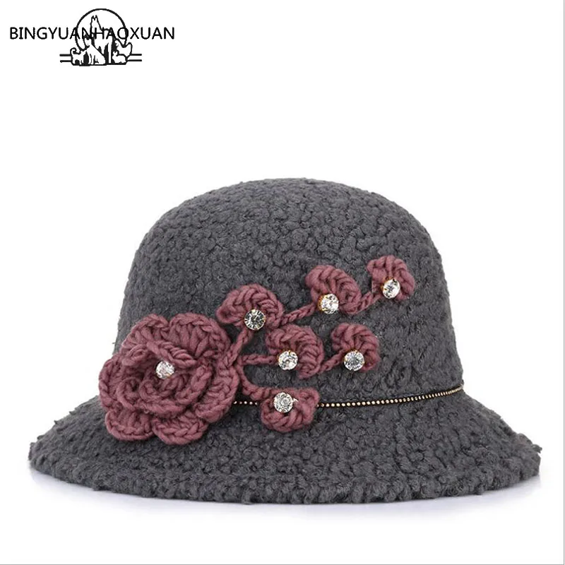 

BINGYUANHAOXUAN Women's Autumn Winter Fedora Hat Casual Imitation Lamb Hair with Wide Brim & Flowers Collapsible