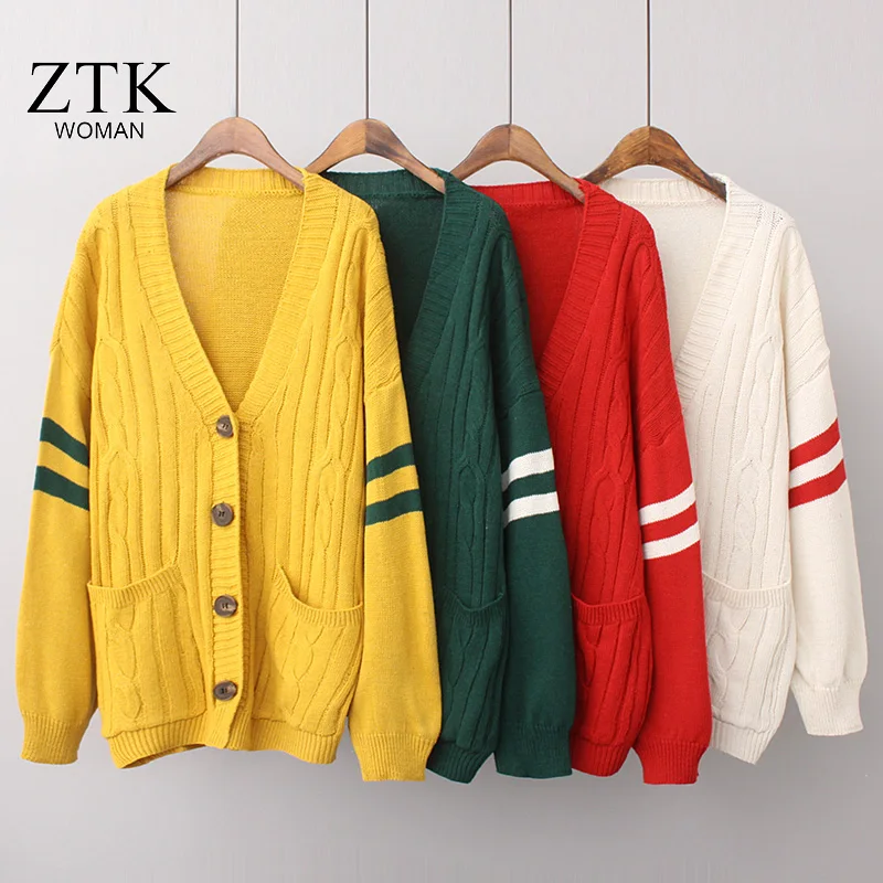 women Sweater With Buttons Long Sleeve Striped Knitted Cardigan Ladies Spring 2018 New winter Oversize yellow white red |