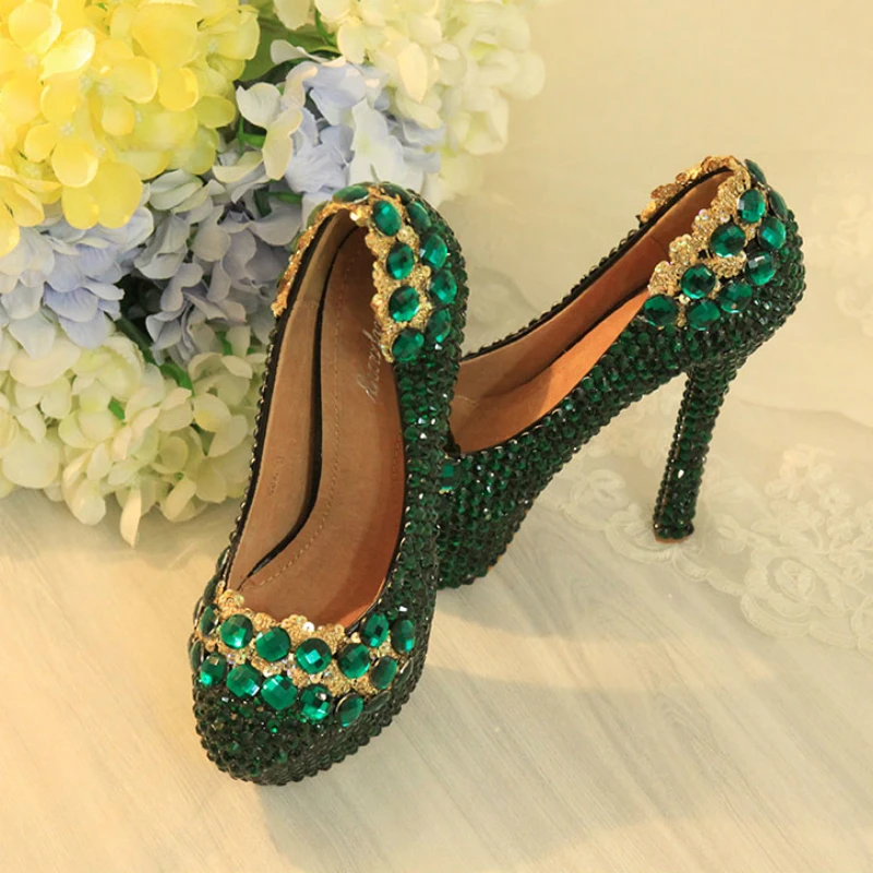 Green Women Wedding Shoes High Heels 12cm Platform Pumps Diamond