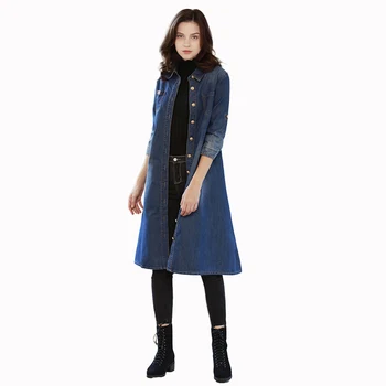 

Idopy Womens Girls Casual Vintage Washed Trench Long Length Long Sleeve Jeans Coat Outerwear Denim Vest Jacket Plus Size Blue