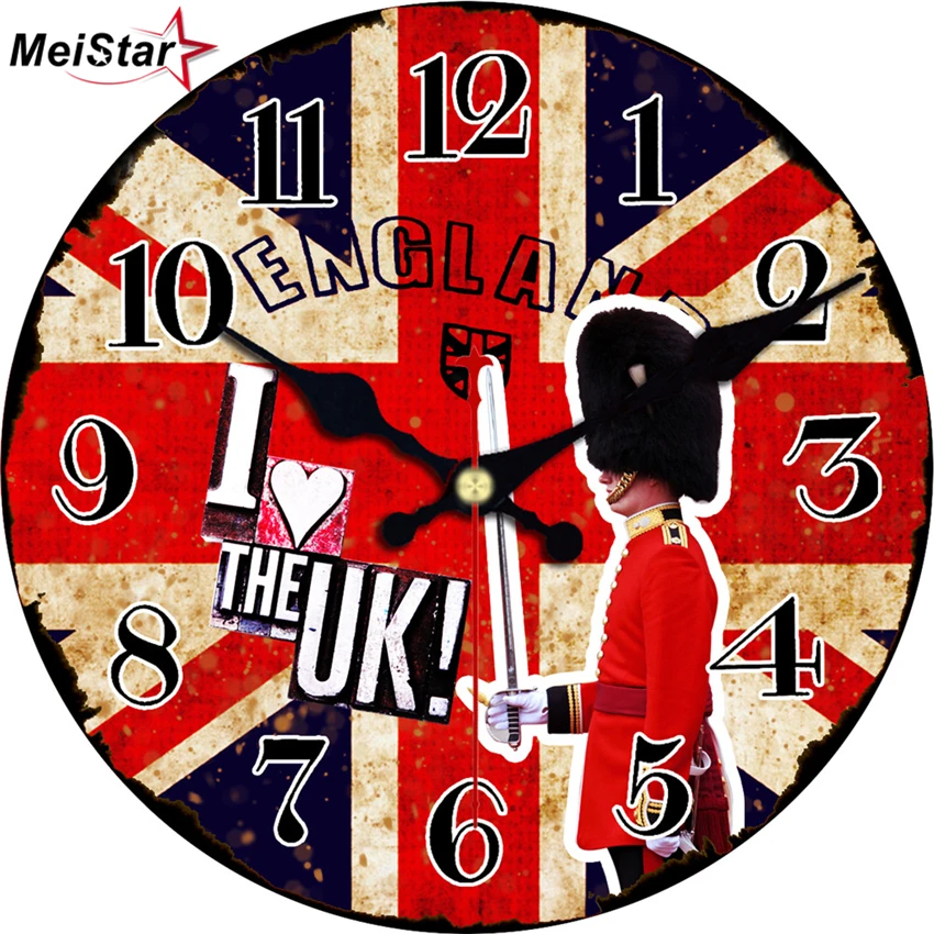 

MEISTAR Large Wall Clocks Vintage Wooden Clock Flag Design Silent Clock Perfect Quality Home Decor Retro Clocks 6 inch (15 cm)