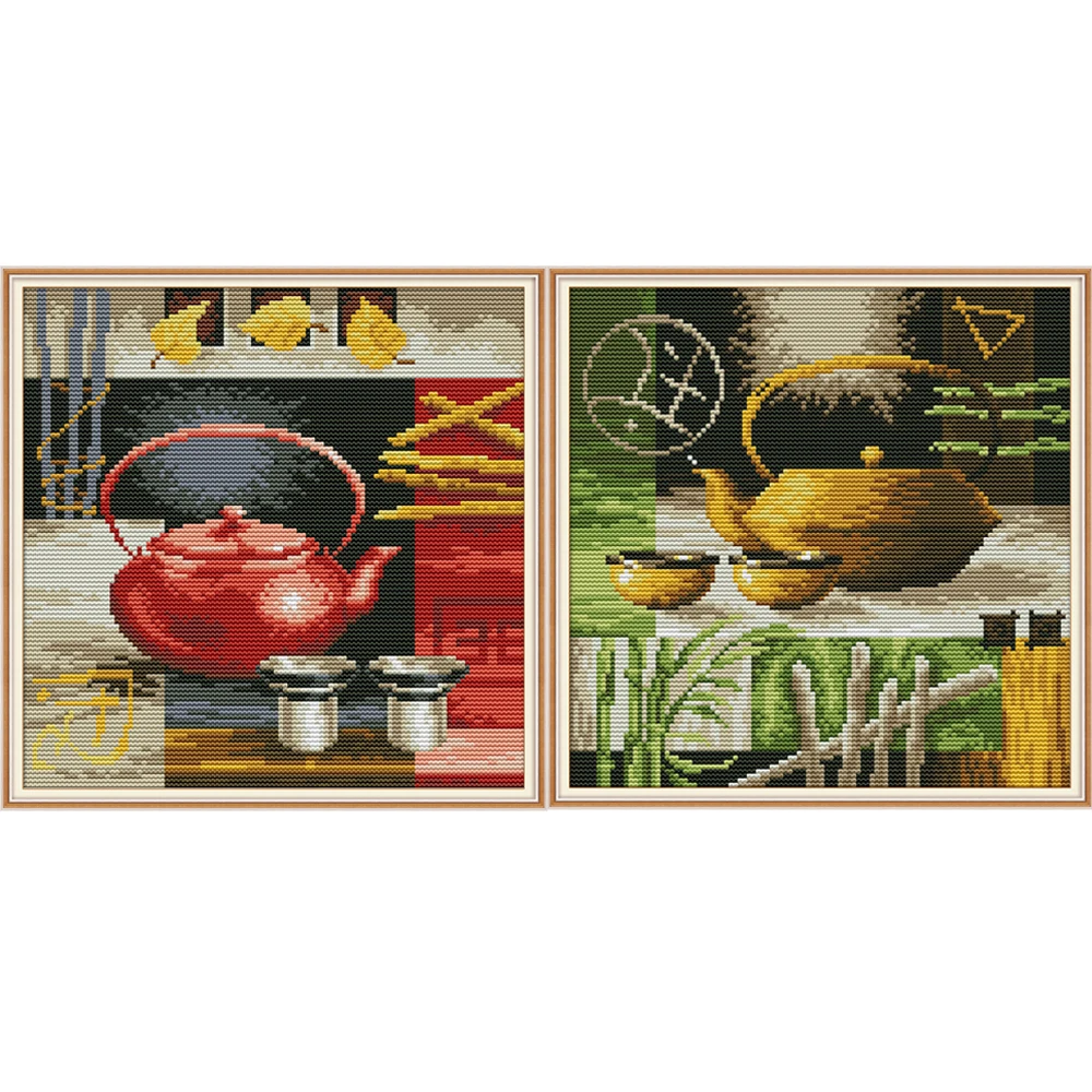 

NKF Teapot And Teacup Cross Stitch Kits 11CT 14CT Chinese Cross Stitch Pattern Embroidery Needlework Set for Home Decor