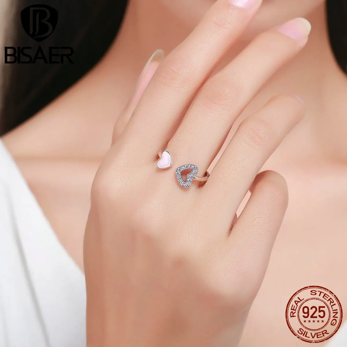 

Genuine 100% 925 Sterling Silver Pink Love Heart Girl Ring Open Size Finger Rings for Women Fine Jewelry Valentine's Day Gift
