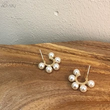 AOMU, корейские новые золотые металлические геометрические маленькие круглые жемчужные серьги-гвоздики в виде цветка для женщин и девушек, вечерние ювелирные изделия на свадьбу, подарок