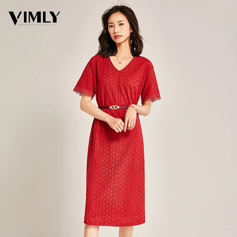Женское кружевное платье Vimly белое/красное средней длины с треугольным вырезом и