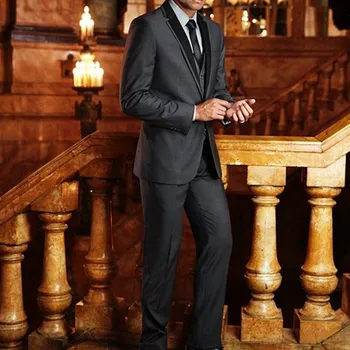 Cena Niestandardowy Projekt Jeden Przycisk Mężczyzn Garnitur Ciemny Szary Groom Smokingi Groomsmen Męska Garnitury ślubne Prom Oblubieniec (kurtka + Spodnie + Kamizelka + Krawat)