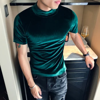 

5 Colors Men Half Turtleneck Solid Flannel Short Sleeve Slim Fit T Shirt Male Fashion Casual Bottoming Tee Shirts Skinny Tshirt