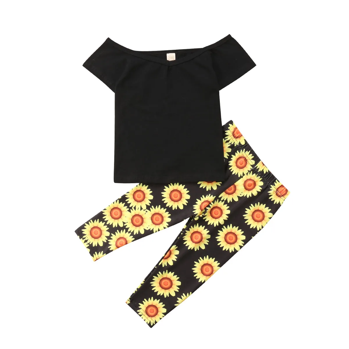 2018 Newborn Toddler Baby Girls Short Sleeve Black T shirt+Sunflower