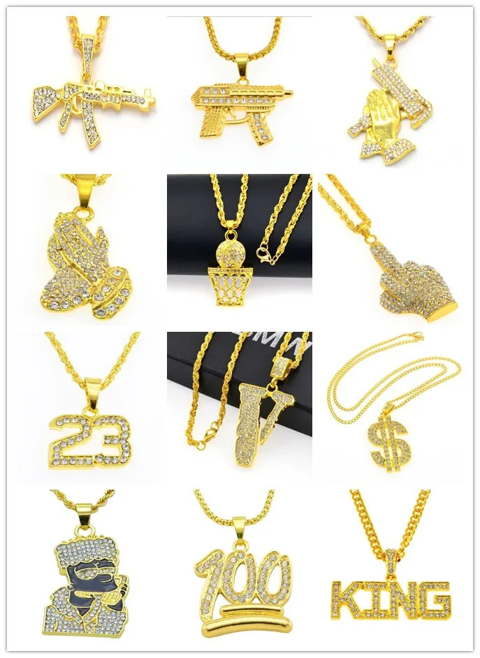 

Hip Hop Men Gold Sliver Long Chain Necklaces Unisex Hiphop Bling Full Iced Rhinestone Gun Hand Letter Pendant Necklace Jewelry G