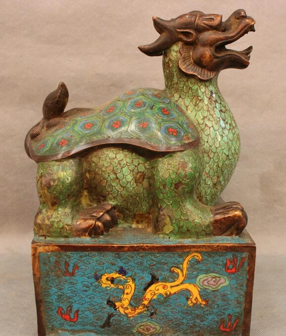 

wholesale factory 11" Chinese Cloisonne Bronze Royal Palace Dragon Turtle Statue Seal Stamp Signet