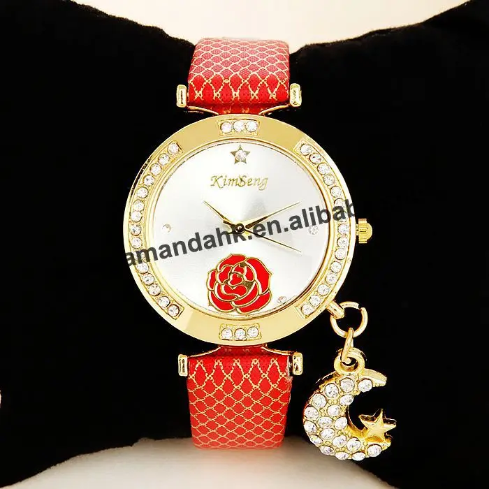 

100pcs/lot Fashion KimSeng 1441 Rose Pattern Alloy Ladies Wristwatch Star Moon Pendant Leather Watch Retro Woman Dress Watches