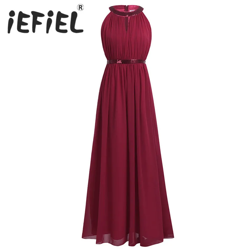 

iEFiEL Women Ladies Halter Bridesmaid Elegant Floral Lace Chiffon Dress Floor Length Women Party Maxi Formal Occasion Dress