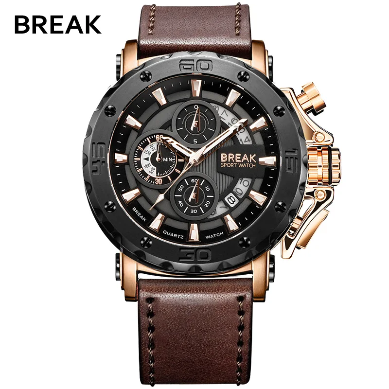 Achat PAUSE Hommes Montres Top Marque De Luxe Étanche Sport Montre Bracelet Chronographe À Quartz Militaire Véritable En Cuir Relogio Masculino