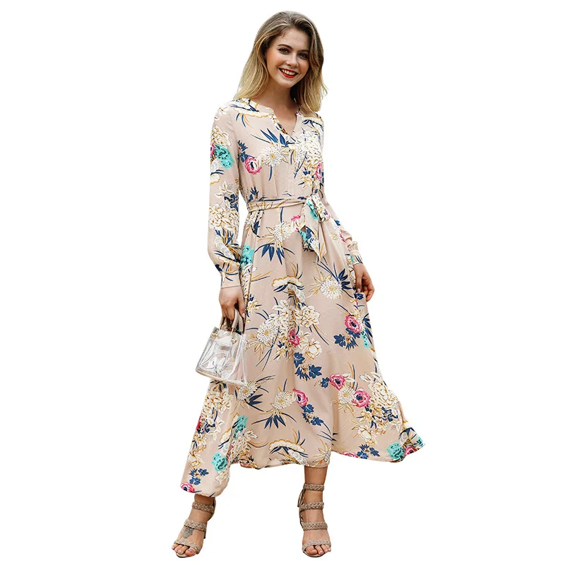 

Women's Dresses Holiday Style Printed V-collar Long Sleeve Belt Long Dress