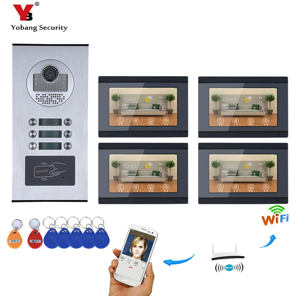 cheap YobangSecurity 4 Units Apartment Wifi Wireless Video Door Phone Doorbell Intercom Camera KIT Video Recording With 7 Inch Monitor