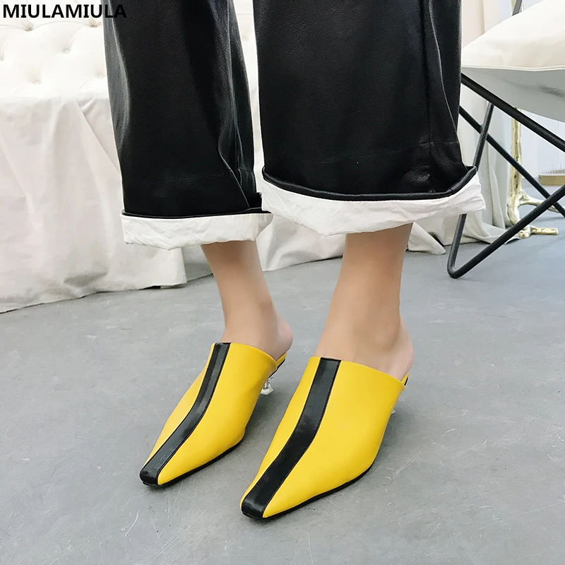 

MIULAMIULA Brand Designers 2018 Spring Black Yellow Striped Woman Shoes Slip On Loafers Mules Transparent Strange Heels Pimps