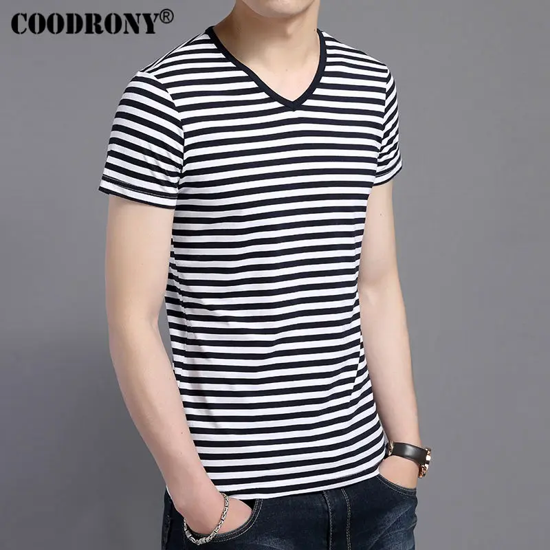 

COODRONY 2017 Spring Summer New Arrival Short Sleeve Tee Shirt Men Casual Striped V-Neck T-Shirt Men Pure Cotton Top Homme S7615