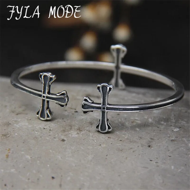 

Fyla Mode 925 Sterling Silver Adjustable Pulsera Three Cross Shaped Silver Cuff Bracelets&Bangle Open Cross Charm Bracelet 033