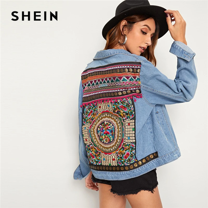 

SHEIN Blue Embroidered Back Pocket Denim Spring Jacket Coat Women Autumn 2019 Streetwear Single Breasted Ladies Casual Jackets