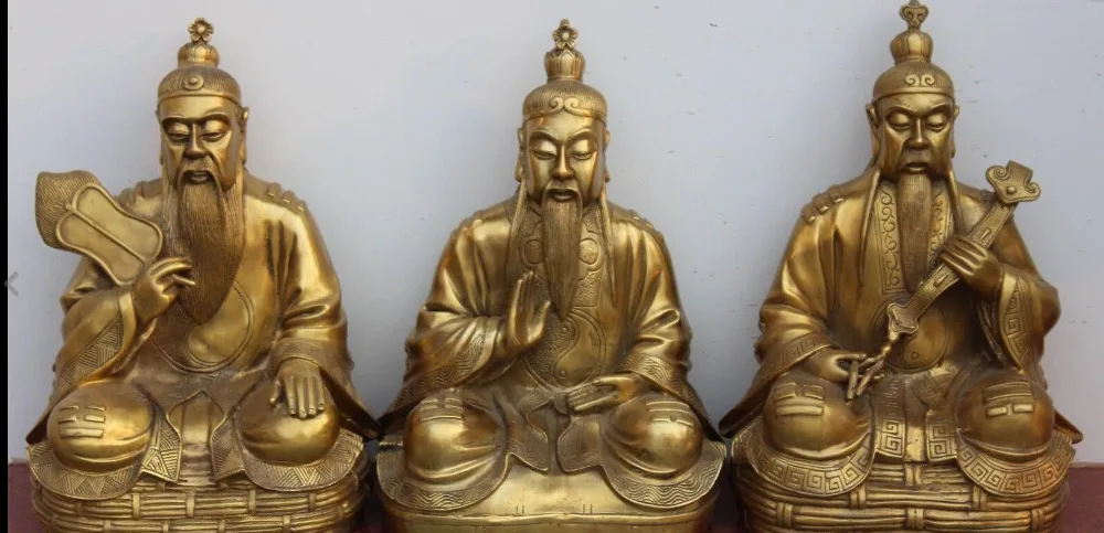 

wang6711014++Chinese Bronze Ru Yi Fan Tai Chi Taoism Wudang Three Taoist priest Buddha Set