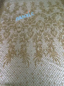 

JIANXI.C-71311 shinning gold french net fabric with beads 5yd/lot glued glitter tulle lace fabric for evening dress