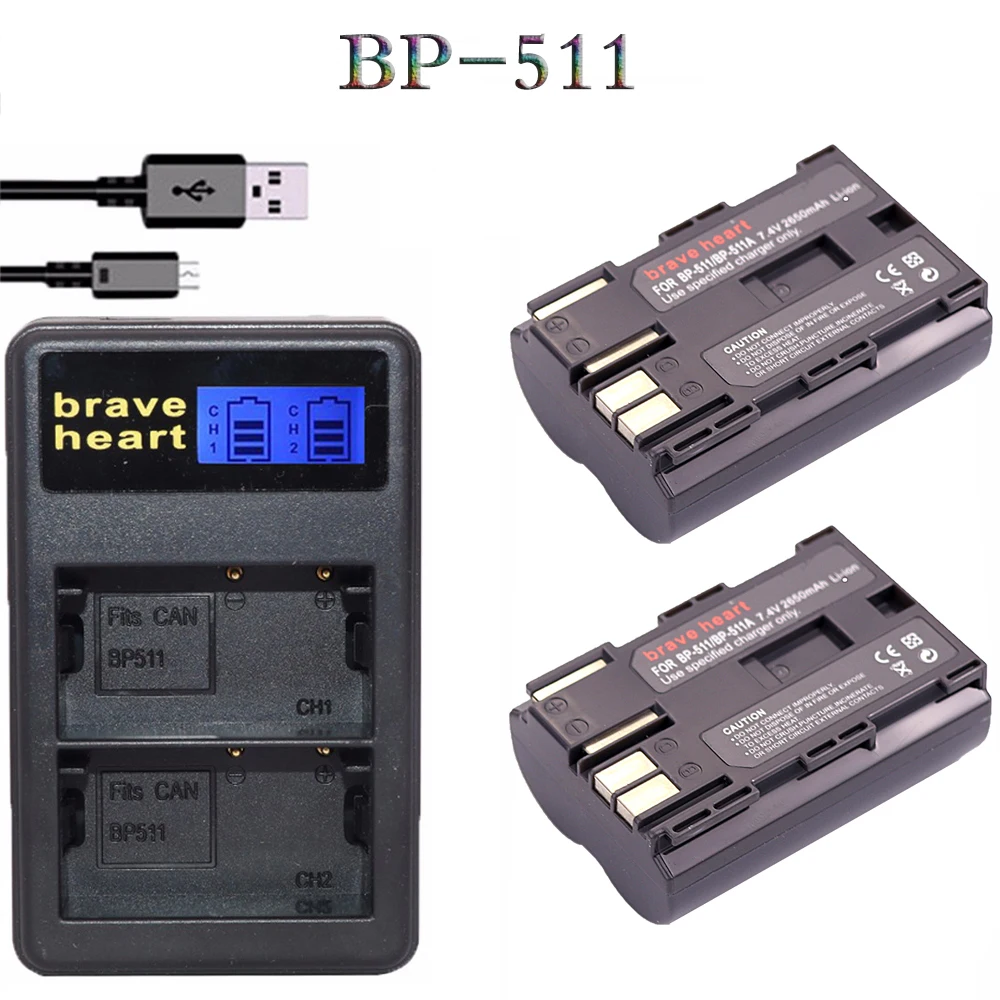 2 шт. BP-511 BP 511 BP511 BP511A батарея+ ЖК-дисплей dual USB зарядное устройство для камеры Canon EOS 40D 300D 5D 20D 30D 50D