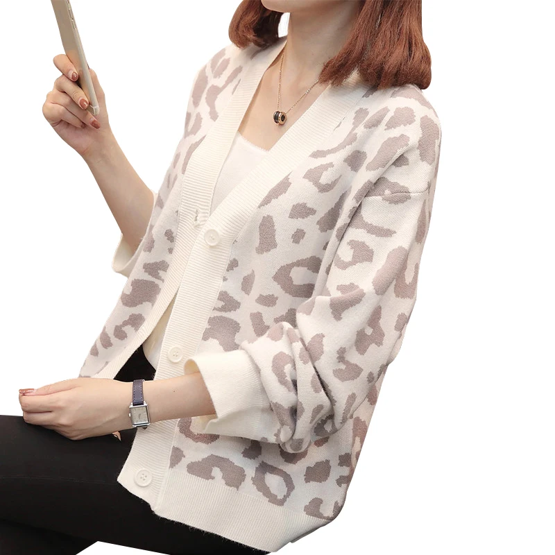 

Women Autumn Winter Leopard Cardigan Thick Sweater Female Long Sleeve Loose Oversized Outer Knitted Coat Manteau Femme Hiver