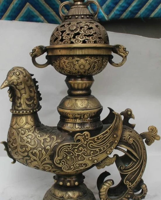 

15"Marked Chinese Dynssty Palace Bronze Phoenix Bird Zun Incense Burner Censer