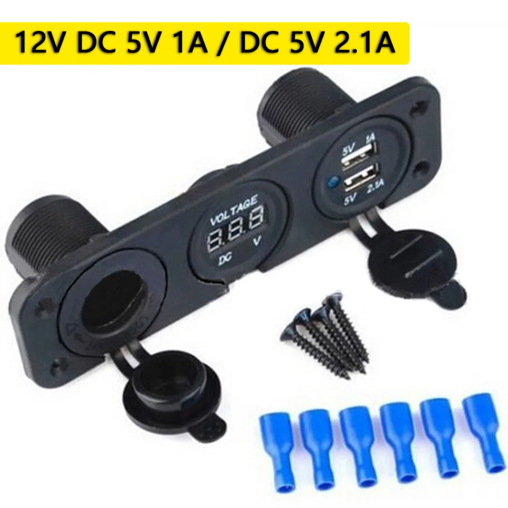 

Dewtreetali Car Charger Motorcycle Plug Dual USB Adaptor+12V Cigarette Lighter Socket Blue LED +Digital Voltmeter Mobile