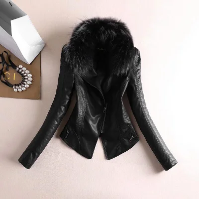 Осенне-зимняя Толстая куртка на молнии из искусственной кожи с эффектом потертости, черная куртка с воротником из натурального меха, женское тонкое пальто с длинным рукавом, воротник-стойка - Цвет: Black Fur Collar