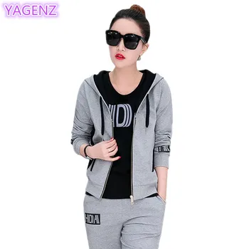 

YAGENZ Casual Autumn Women Tracksuit Set Fashion Plus size Womens Clothing 3 Pieces Set Hooded Tops+Short sleeves+Long Pants 325
