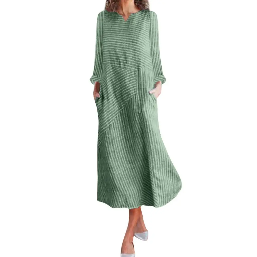 Feitong Горячая распродажа! Модное простое милое женское повседневное Полосатое платье без рукавов с вырезом лодочкой, льняное длинное платье с карманами Vestidos - Цвет: Green long sleeve
