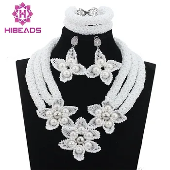 

Fashion White Flower Beads African Necklace Earrings Set Chunky Bridal Indian Jewelry Set for Wedding Free Shipping WD782
