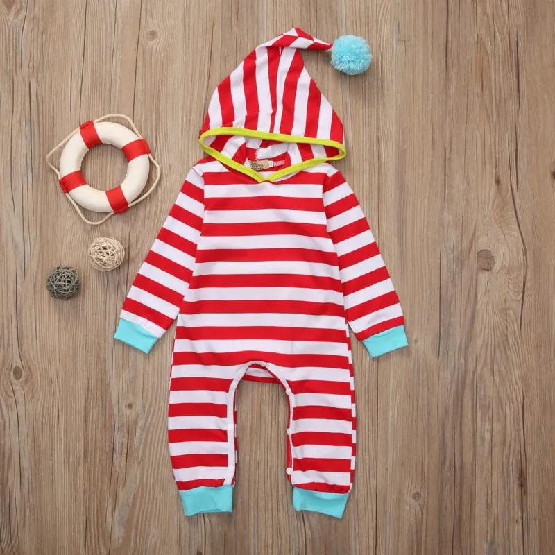 

0-18M Christmas Newborn Baby Boy Girl Romper Long Sleeve Striped Hooded Toddler Kids Jumpsuit One Pieces Clothes