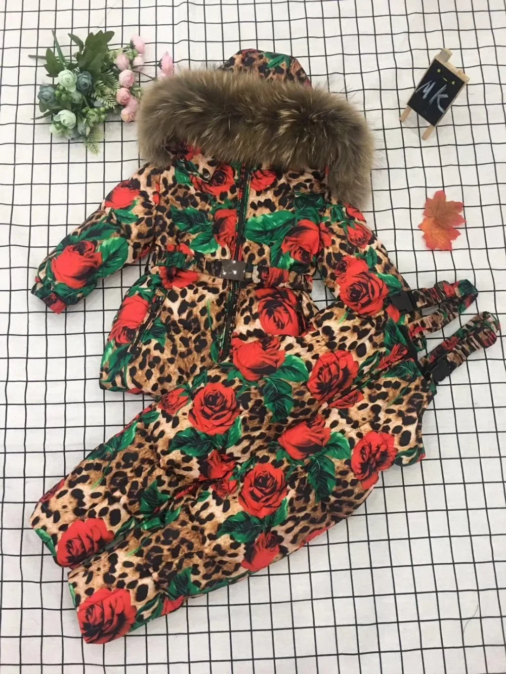 Winter Jacket Children down jackets& PANT duck down Fur hooded Leopard flower girl snowsuit boy set outerwear ski suit