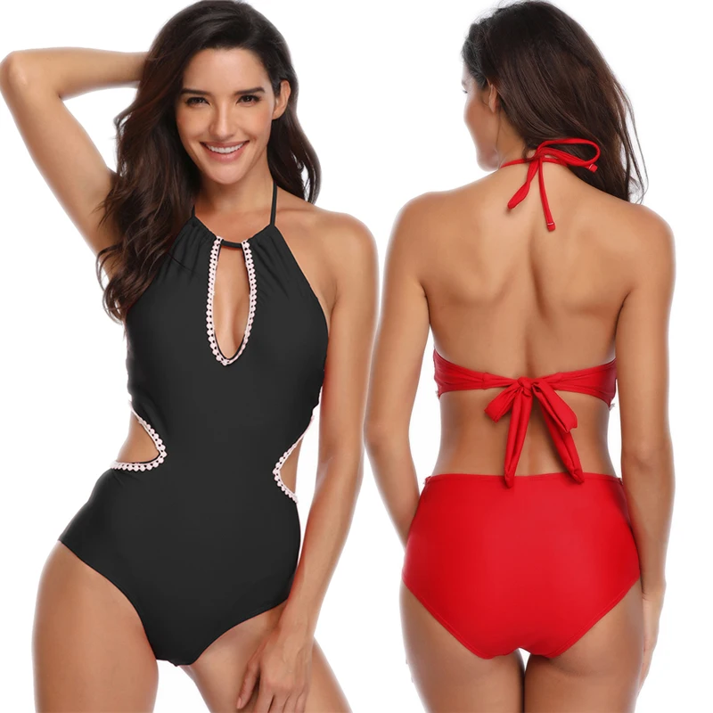 

2019 Women One Piece Swimsuit Deep V High Elasticity Slim Women Bathing Suits Open Back Black Swimwear Womens Swim Wear Bikini
