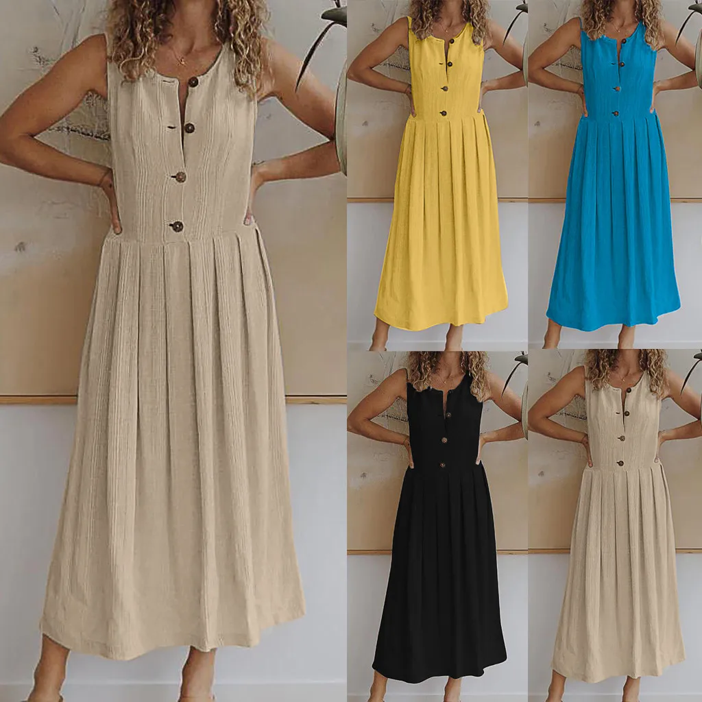 

Summer Fashion Womens O-Neck Pure Color Button Sleeveless Sandy Beach Easy Dress sukienka ropa mujer vestidos de verano*6