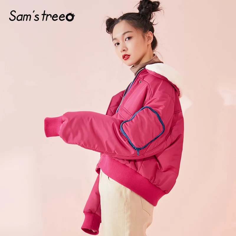 Col Dame Femmes De Preppy D'hiver Turn Samstree Manteaux Femme Manteau red Court Veste Jeune Down Blue Rembourré Fourrure Style Poche 8Zxwgwz