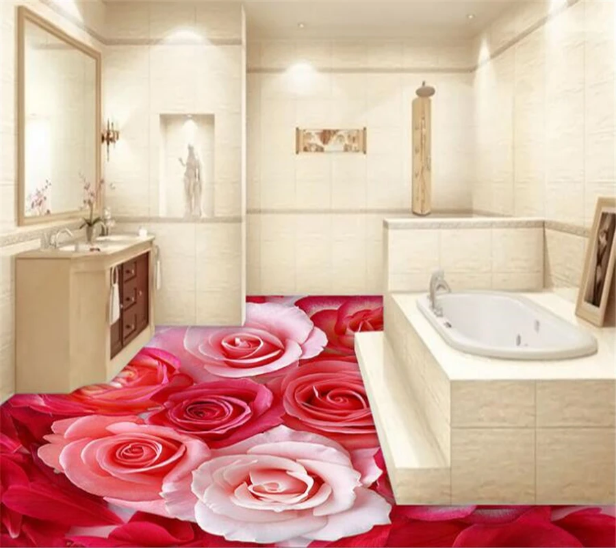 Red rose white rose petals Modern bathroom Custom 3D floor mural non