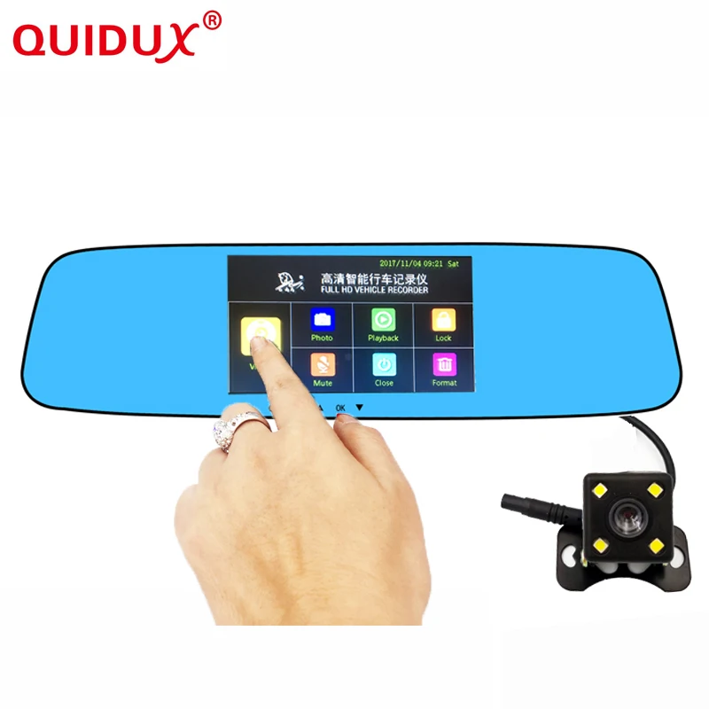 

QUIDUX 4.3 inch dual lens car dvr dash cam IPS Touch Screen camera rearview mirror auto video registrator HD1080p night vision