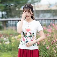 Новинка года; летняя хлопковая Футболка с вышивкой в национальном стиле