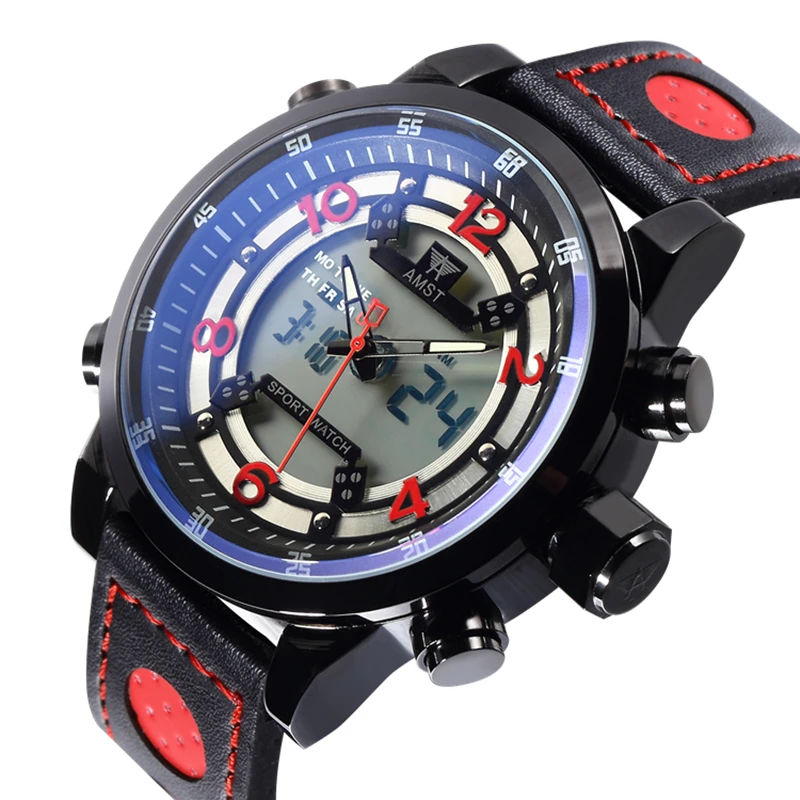 

AMST Brand Fashion Waterproof Mens Genuine Leather Sport Quartz Watch Led Digital Multi-function Military Wristwatch Gift Box