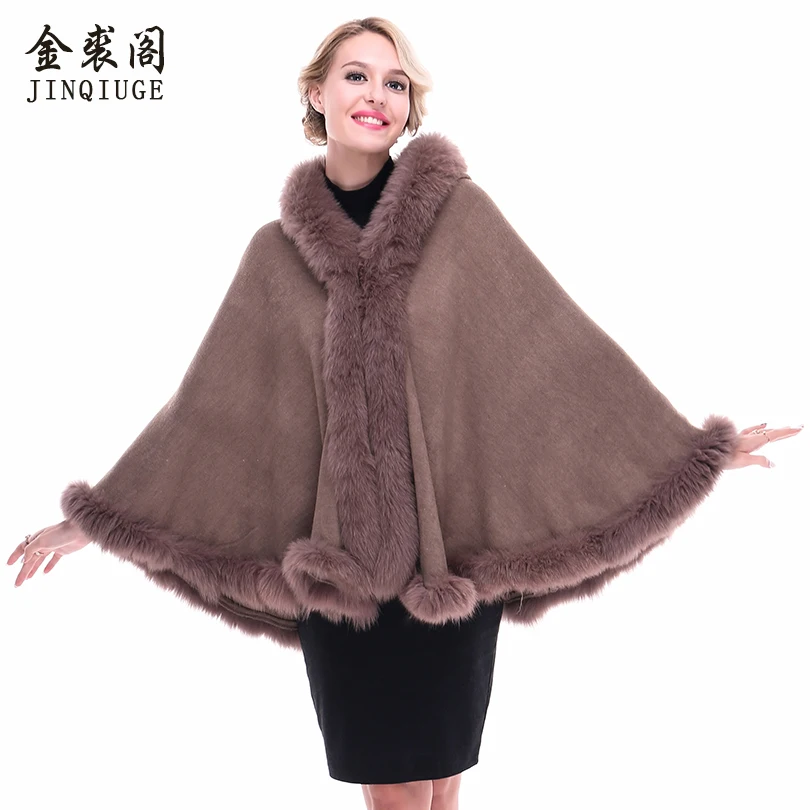 JINQIUGE Women's Real Fur Shawls Wool Blends Fox Fur Collar Hooded Pashmina Coat Cape New 2017 Women Wool Real Fox Fur coats JINQIUGE Women's Real Fur Shawls Wool Blends Fox Fur Collar Hooded Pashmina Coat Cape New 2017 Women Wool Real Fox Fur coats