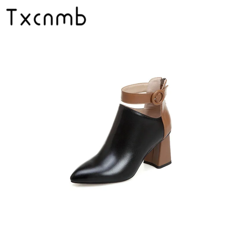 

TXCNMB Women Ankle Boots Genuine Leather high Heels pointed Toe High Quality Winter Shoes Woman Black Short Boots