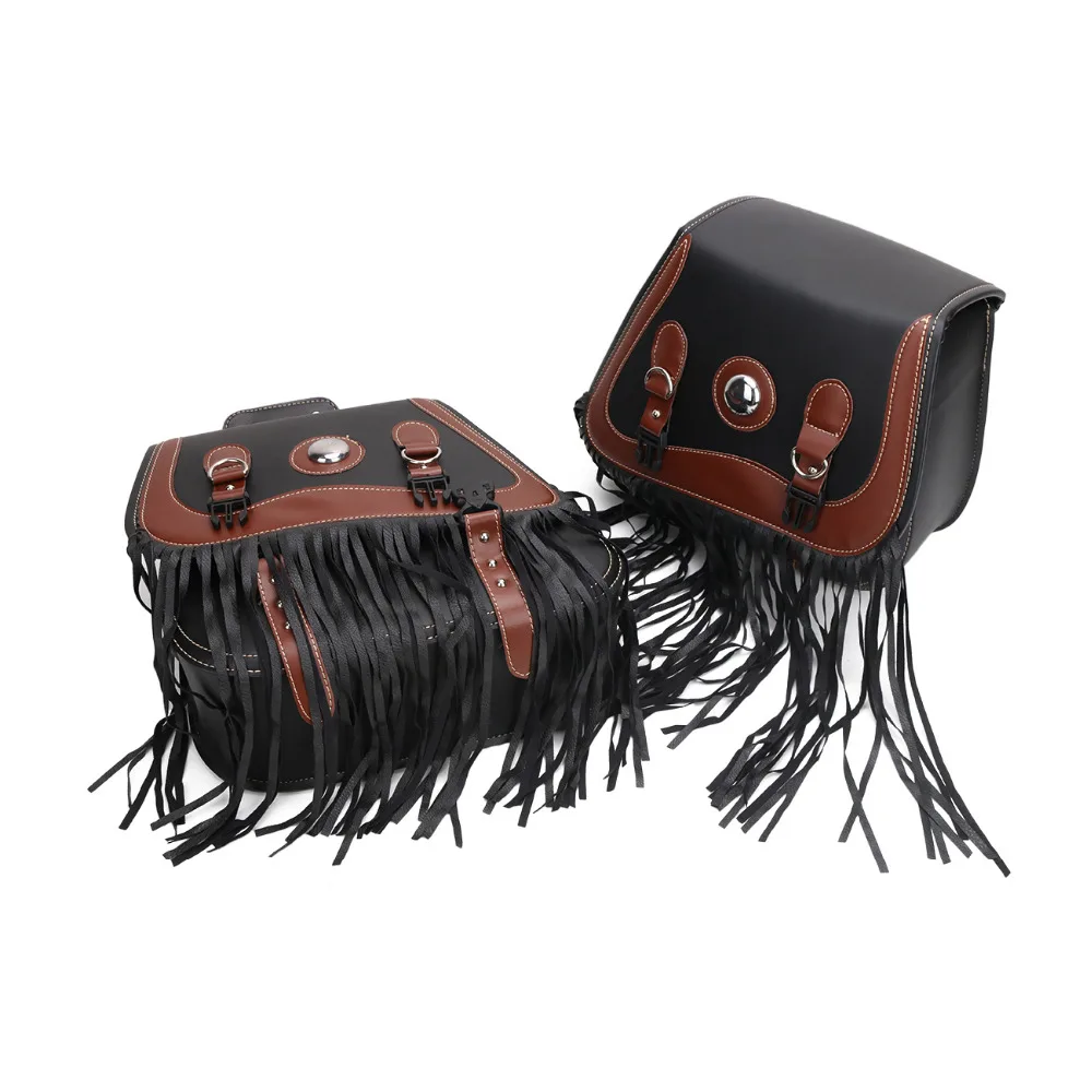 2X Motorcycle Leather Saddle Bag w/ Tassels Scoote Rider Motorbike